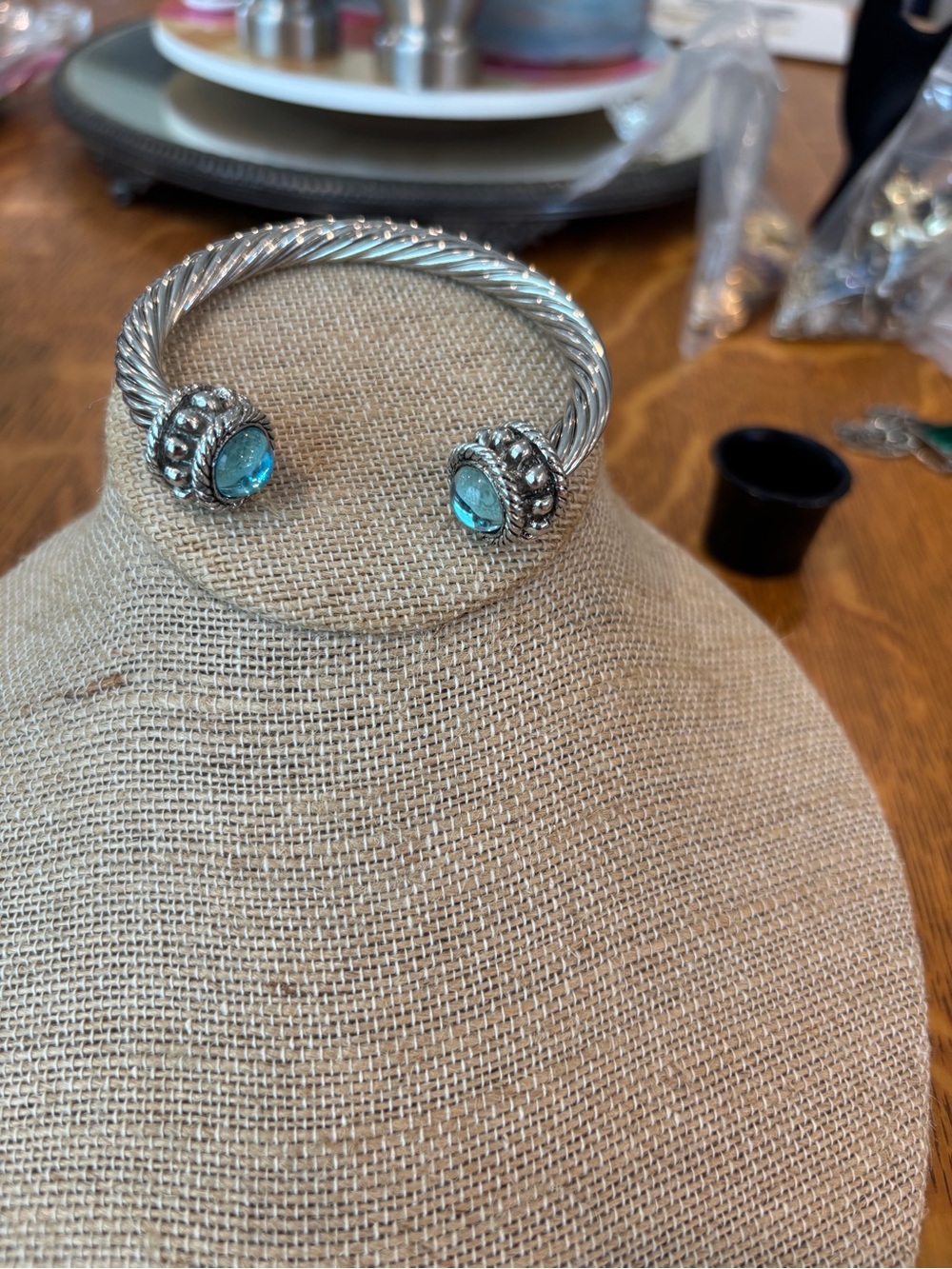 Sterling-Tone Twisted Cable Cuff Bracelet with Blue Gem Accents